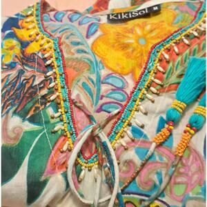 KikiSol Tropical  Med Swim Coverup Cotton Floral Tunic Top